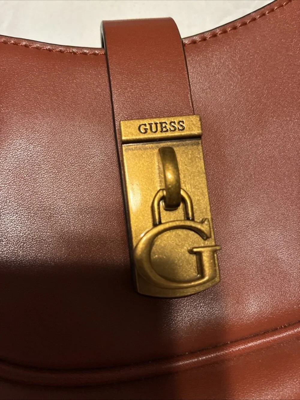 GUESS Brown Faux Vegan Leather Saddle Shoulder Crossbody Bag Gold Chain G Lock